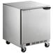 A silver Beverage-Air undercounter freezer with wheels and a door.