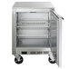 A silver stainless steel Beverage-Air undercounter freezer with a door open.