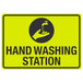 A yellow and black sign with the words "Hand Washing Station" and a symbol of a hand over a faucet.