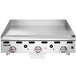 A Vulcan liquid propane commercial griddle with a chrome top and snap-action thermostatic controls.