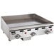 A Vulcan stainless steel liquid propane commercial griddle with thermostatic controls and burners.