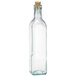A clear glass Tablecraft oil and vinegar bottle with a cork stopper.