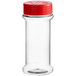 A clear plastic container with a red lid.