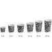 A row of Choice paper hot cups with black and white designs including a coffee cup with white text.
