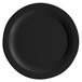 A black Cambro polycarbonate plate with a white rim.