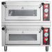 A silver Avantco double deck countertop pizza oven with dials on each oven.