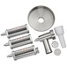 A group of metal Estella mixer attachments including a meat grinder and pasta roller/cutter.