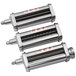 Three stainless steel pasta rollers with handles.