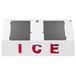 A white Leer ice merchandiser with galvanized steel doors and red "ice" lettering.