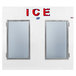 A white rectangular Leer ice merchandiser with two glass doors with red and blue "ice" lettering.