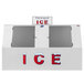 A white box with a slanted white door and silver handles with the word "ice" in red and blue letters.