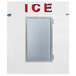 A white glass door with "Ice" in red and blue letters.