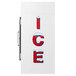 A white refrigerator with red letters reading "Ice" and snow on it.