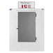 A white Leer outdoor ice merchandiser with a galvanized steel door and a sign that says ice.