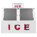 A white Leer outdoor ice merchandiser with a sign and two galvanized steel doors.