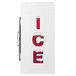 A white refrigerator with red letters that say "Ice"