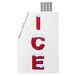 A white Leer ice merchandiser with red letters and snow on it.