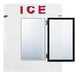 A rectangular white indoor ice merchandiser with a glass door and a black frame.