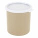 A beige Cambro round polypropylene crock with a white lid.