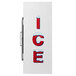 A white Leer ice merchandiser with red "Ice" letters and a glass door.