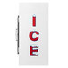 A white Leer indoor ice merchandiser with red "Ice" letters and snow on it.