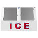 The galvanized steel door of a Leer ice merchandiser with a red and white logo.