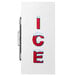 A white refrigerator with red letters that say "Ice" on it.