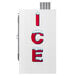 A white Leer ice merchandiser with red letters and a vent.