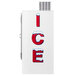 A white refrigerator with red letters that say "Ice" and a white vent.