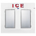 A white rectangular Leer ice merchandiser with two glass doors with "Ice" in red and blue letters.