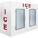 A white Leer indoor ice merchandiser with glass doors and the word "ice" on it.