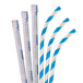 A close-up of three Aardvark blue and white striped paper straws.