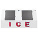A white Leer ice merchandiser with galvanized steel doors and red letters reading "Ice" on a slanted front.