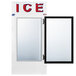 A white rectangular ice merchandiser with a black rectangular frame and glass door.