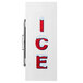 A white refrigerator with red "Ice" text and a glass door.