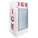 A white Leer ice merchandiser with a glass door and the word "ice" on it.
