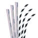 A white box of Aardvark black and white striped paper straws wrapped in eco-flex paper.