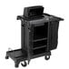 A black Suncast janitor cart with a lockable hood open.