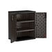 A dark gray metal cabinet with shelves.