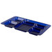 A translucent blue Cambro serving tray with six compartments.