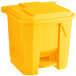 A yellow Lavex rectangular step-on trash can with lid.