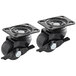 Two black Avantco swivel plate casters with brakes.