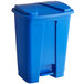 A blue Lavex rectangular step-on trash can with a lid.