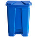 A blue Lavex rectangular step-on trash can with a lid.