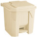 A beige plastic Lavex rectangular step-on trash can with lid.