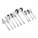 A group of Acopa Edgeworth stainless steel serving utensils including forks, spoons, and knives on a white background.