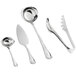 A set of Acopa 18/8 stainless steel serving utensils with a spoon, fork, knife, and cake server.