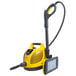 A yellow and black Vapamore MR-100 Primo steam cleaner with a black hose.