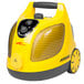A yellow and grey Vapamore steam cleaner with a handle.