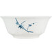 A white melamine bowl with a blue bamboo design.